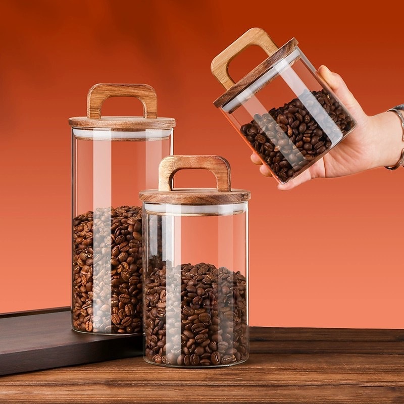 Alta borosilicona americana mango de madera tanque de almacenamiento de gran capacidad de cocina tanque de almacenamiento de granos de café multi-especificación sellado tanque de almacenamiento
