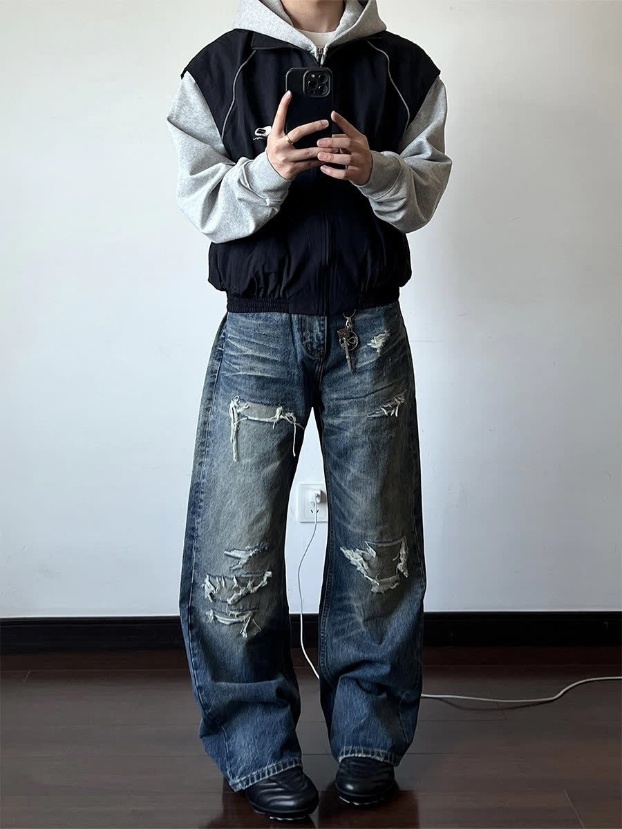 Men's Distressed Washed Denim Jeans With Rip & Frayed Details, Loose Fit Straight Leg Pants, Vintage Streetwear Style For Casual Wear_mkmklike.com