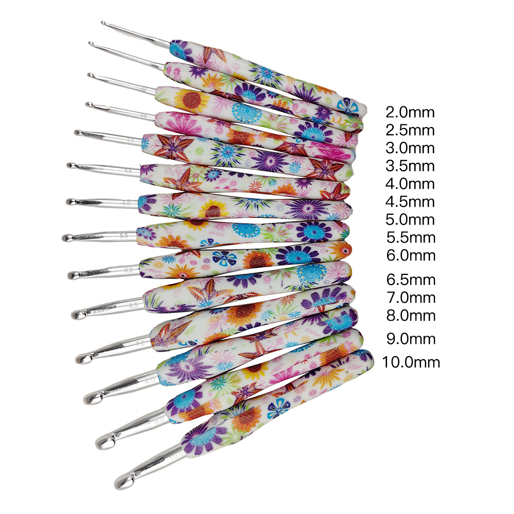 Herramientas transfronterizas TPR impresión mango suave crochet de aluminio rosa flor mango crochet conjunto de 14 piezas 2 .. Cubierta del bolso 0-10.0PU