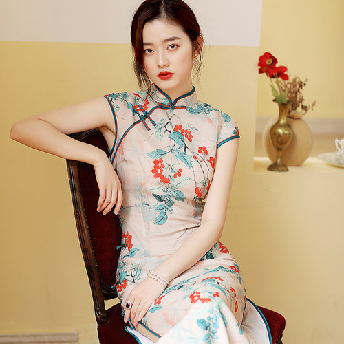 Chinese dress oriental floral qipao dress for women Retro short-sleeved cheongsam Shanghai ladies sexy long cheongsam