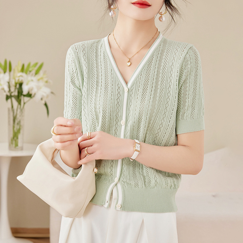 V-neck Chanel Style Color-matching Knitted Cardigan Women's Spring and Summer Thin Hollow Elegant Thin Short-sleeved Short-sleeved Top