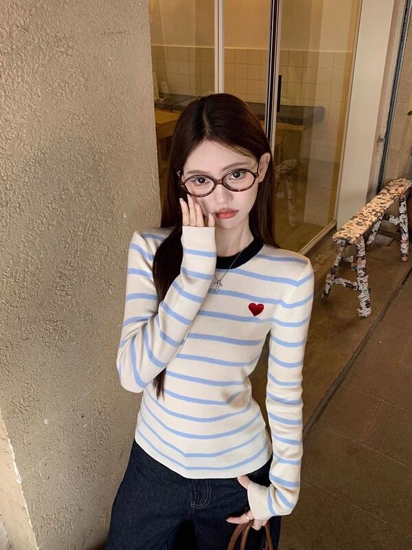 [Original Quality] Love Embroidered Striped Long-sleeved Knitted Sweater Women's Slim Fit Inner Base Sweater Picture Color