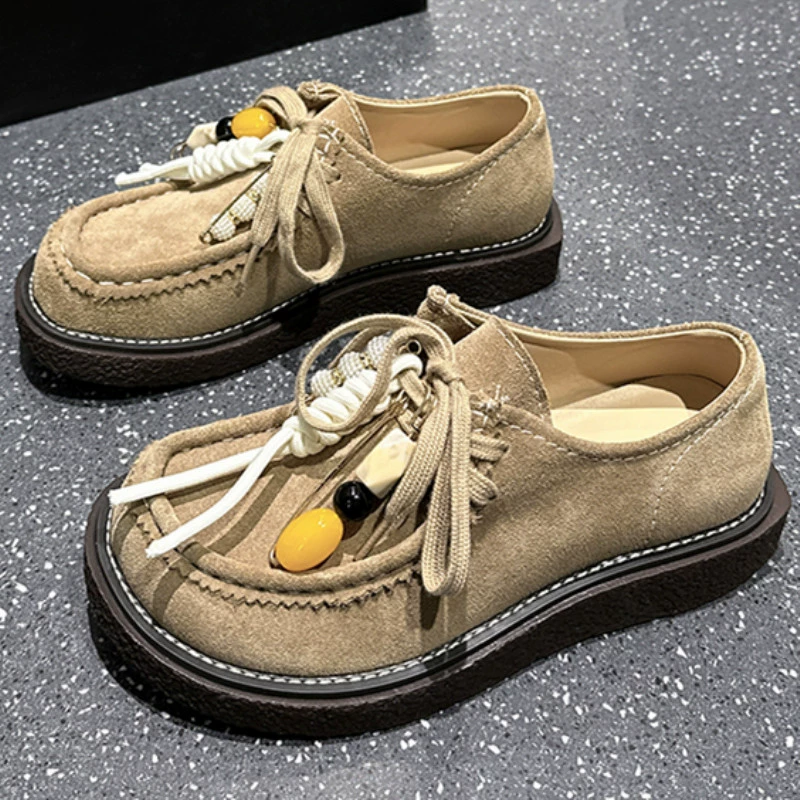 Матовые кожаные туфли-дерби для женщин, туфли на толстой подошве, новинка весны 2025, лоферы в британском стиле, ретро-мокасины из кожи.