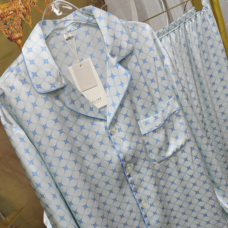 Homehouse comfortable men's silk pajamas 100% mulberry silk home wear long-sleeved trousers suit gift for boyfriend