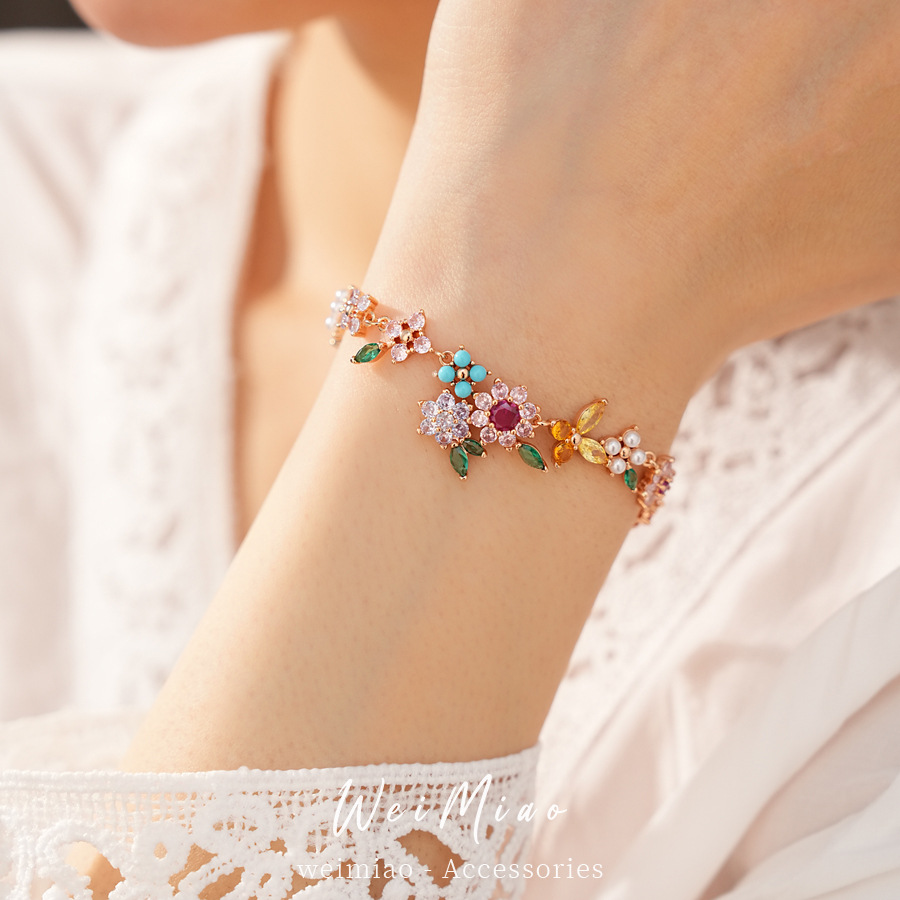 18 quilates de oro real pulsera de flores de perlas de piedra de diamante vacaciones de verano en la playa pulsera de viento dulce joyería versátil