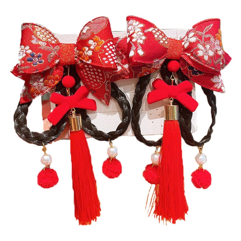 Año Nuevo horquilla accesorios para el cabello de los niños Hanfu estilo antiguo borla arco horquilla niña bebé peluca trenza cabeza Accesorios