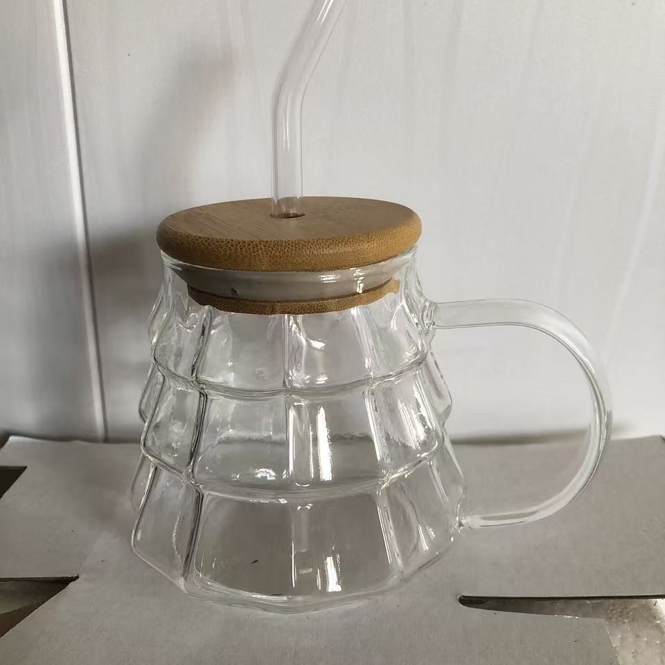 Taza de vidrio de Navidad con mango, taza de café helado, taza de latte americana, taza de leche casera transparente de alto silicio