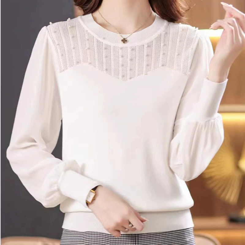 Тонкий Трикотаж женский полый топ 2023 осень и зима Новая пряжа с рукавами шить круглый вырез бисером свитер женская нижняя рубашка