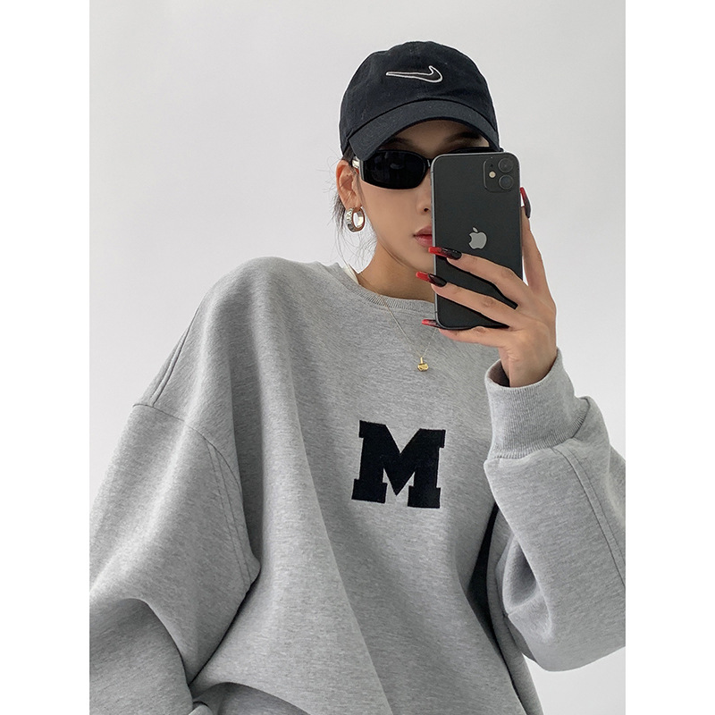 American-style retro gray hooded round neck sweater for women oversize spring and autumn small wide loose shoulder top