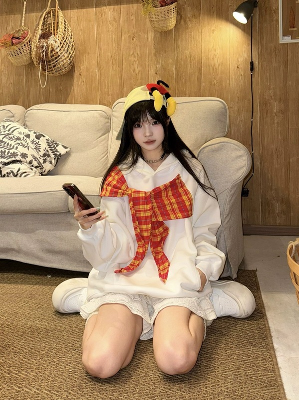 格子绑带拼接连帽卫衣女2025秋季新款宽松学生慵懒风美式chic外套|undefined