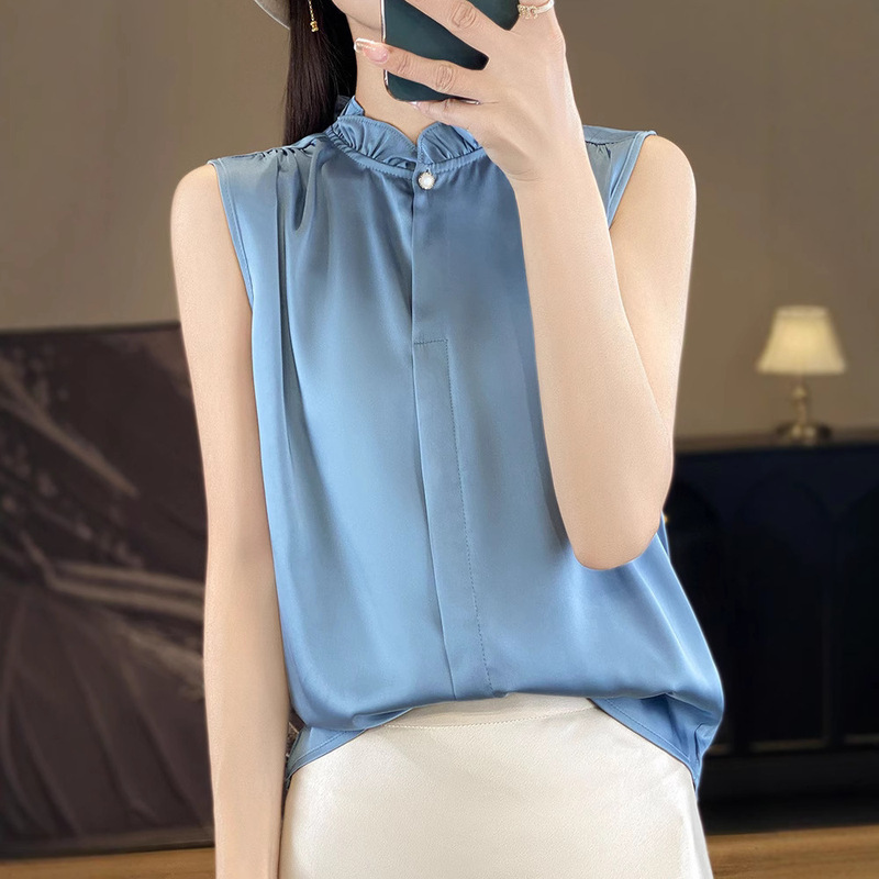 Fungus Lace Collar Sleeveless Solid Color One-button Vest Silky Satin Commuter Slimming Spring and Summer Thin Elegant Shirt for Women