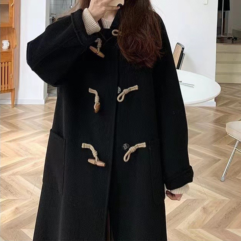 검은 양면 캐시미어 코트 여성의 2023 가을 및 겨울 새로운 도착 양모 코트 쁘띠 헵번 스타일