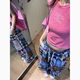 2026秋季设计感小众美式复古彩色拼接格子阔腿裤女百搭格纹拖地裤