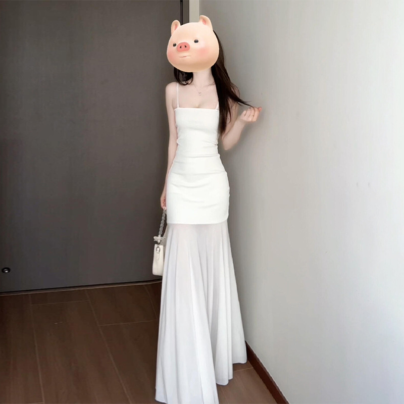 French White Gauze Suspender Dress for Women Summer 2025 New Pure Style Pinch Waist Long Skirt Shirt Suit
