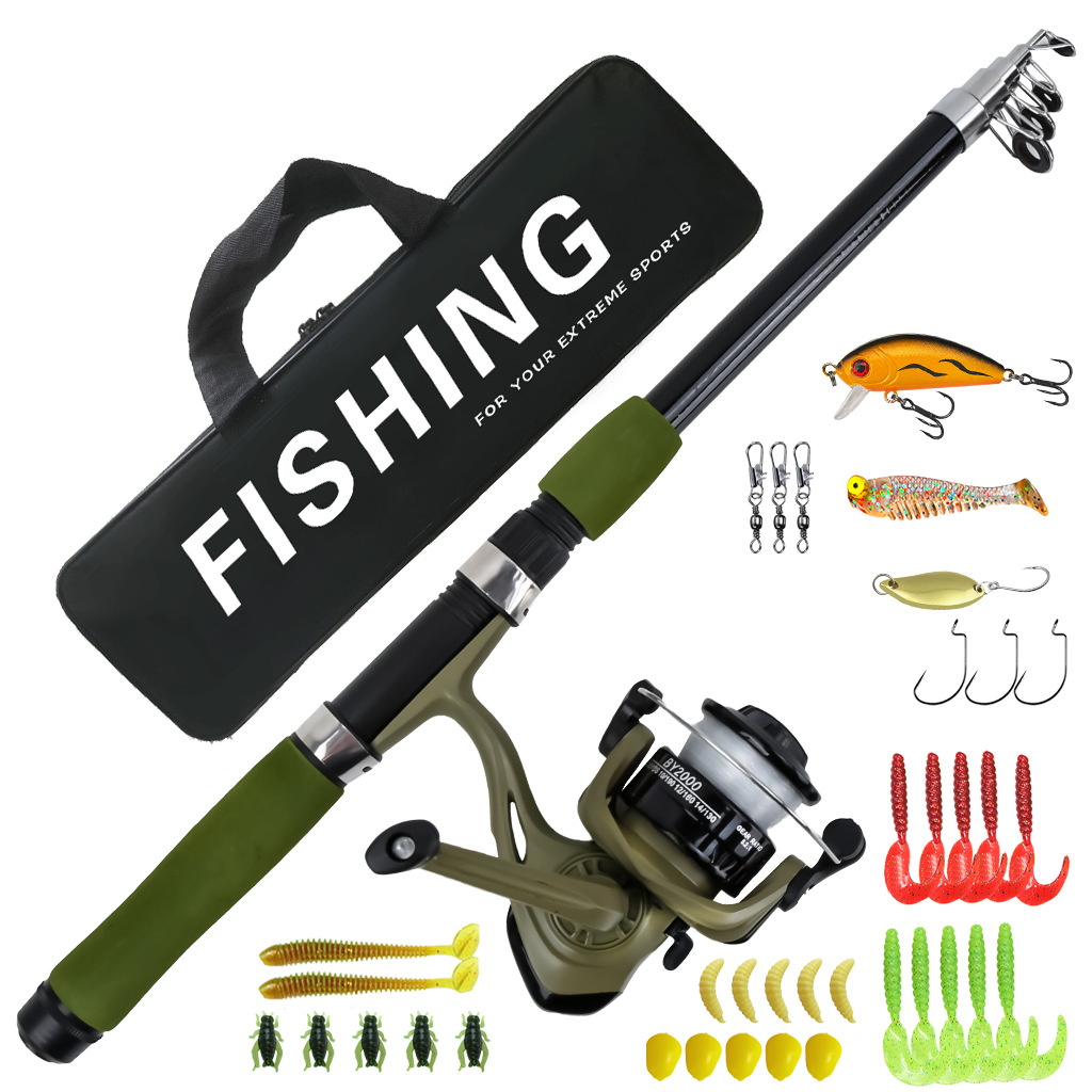 Cross-Border Factory Sea Fishing Rod and Lure Rod Complete Set in Army Green, Retractable Fishing Rod Beginner's Set Complete Package