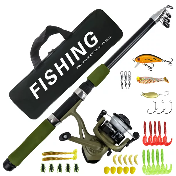 Cross-Border Factory Sea Fishing Rod and Lure Rod Complete Set in Army Green, Retractable Fishing Rod Beginner's Set Complete Package