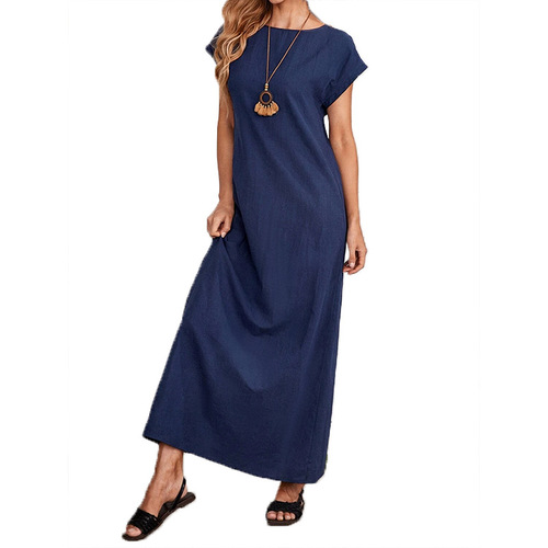 Summer European and American-style minimalist women's clothing: Round-neck, short-sleeve, loose-fitting, casual, long-length solid-color dress