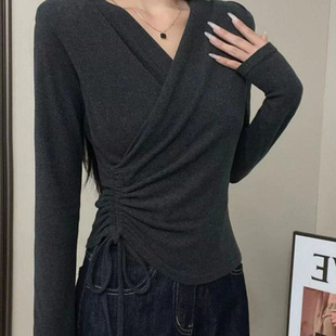 Plus Size Asymmetrical Pleated Collar Long-Sleeved Tops for Women 2025 Spring and Autum New Loose Slimming Look Flesh-Covering Bottoming Shirts