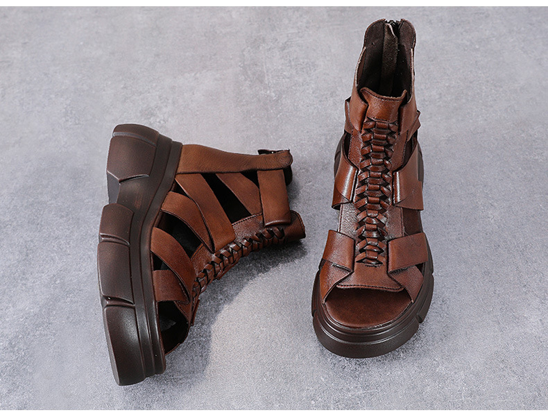 Boot nữ cổ thấp hở mũi đế dày da bò, phong cách La Mã — Màu nâu chi tiết 10