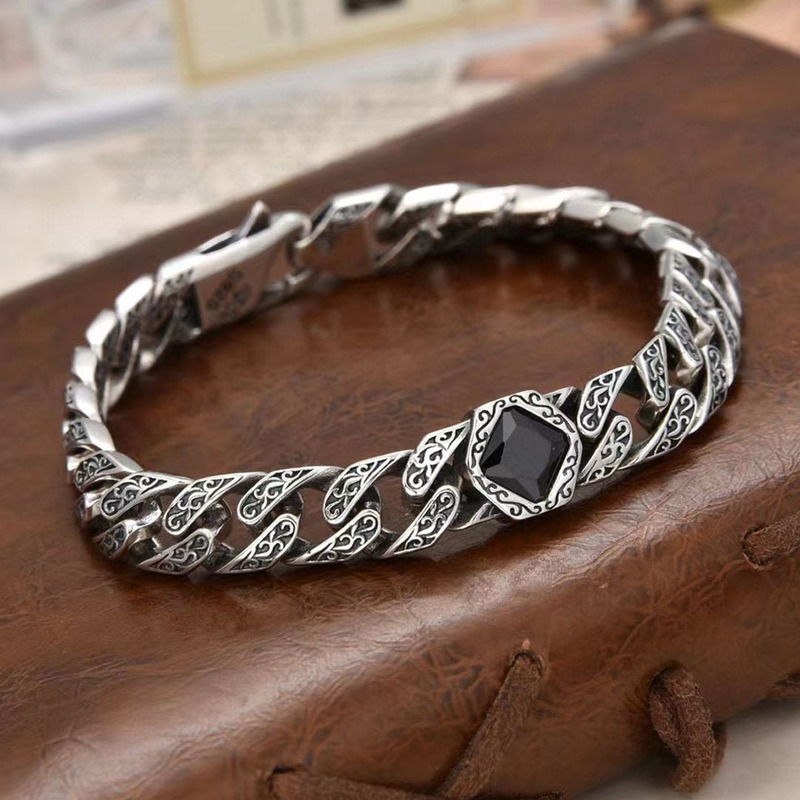 Diamond square diamond rattan pattern bracelet S925 sterling silver vintage blue Prince reserved expensive bracelet trendy men's personality fashion bracelet
