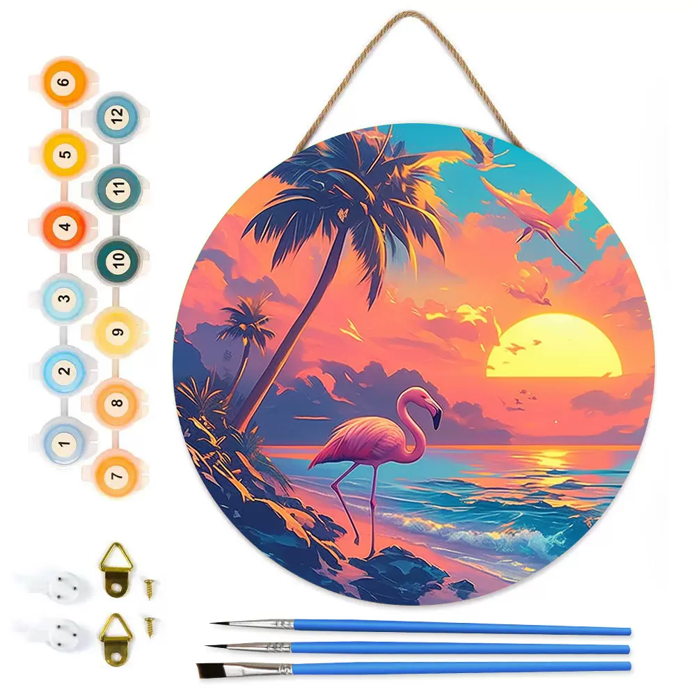 海滩丹顶鹤木板画DIY数字油画手工填色装饰挂件厂家批发亚马逊