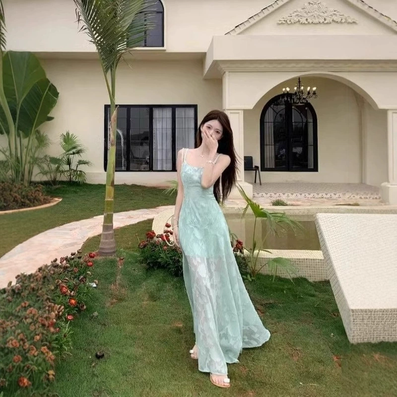 Красивое зеленое платье на подтяжках в стиле морского курорта, женское летнее элегантное сетчатое платье с талией, утягивающее талию, юбка трапециевидной формы, длинная юбка