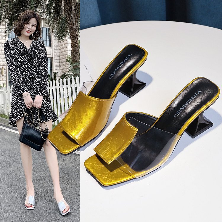 Square Heel Slippers for Women 2025 Summer Fashion Sandals Open-Toe High Heels Transparent Strap Low Heel Women's Shoes Sandals
