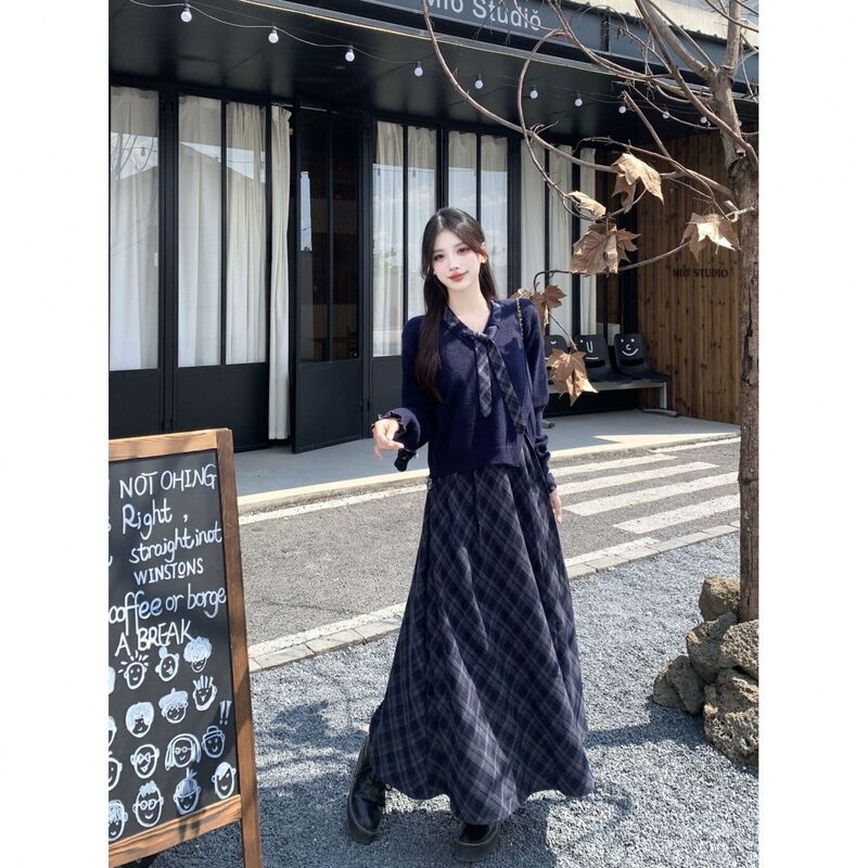 大码套装女2025秋季韩版系带格纹长袖针织衫格纹吊带裙气质两件套|undefined
