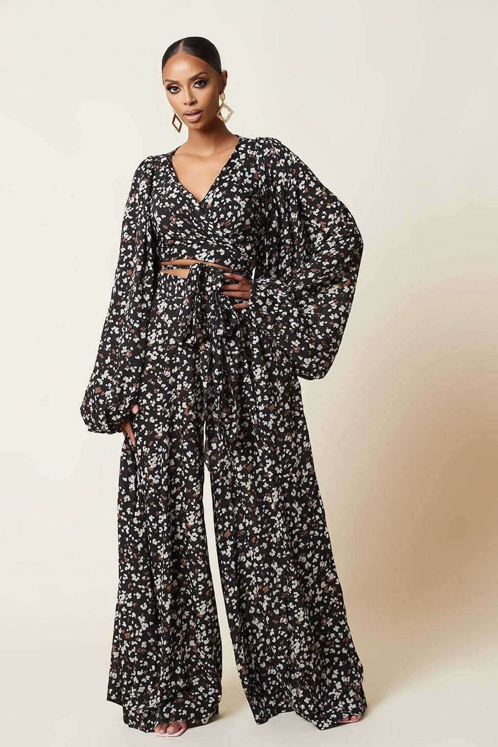 printing bandage lantern sleeve top loose wide leg trousers set NSMDF138334