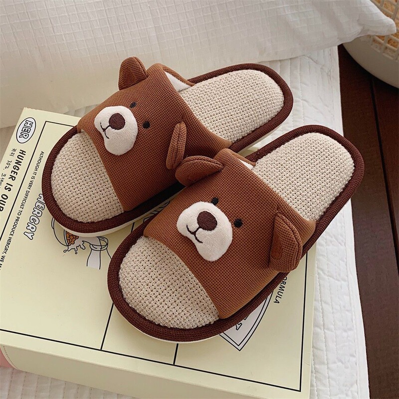 Four Seasons Universal Indoor Home Linen Slippers Women's Creative Cute Brown Bear Soft Bottom Comfortable Cotton and Linen Slippers