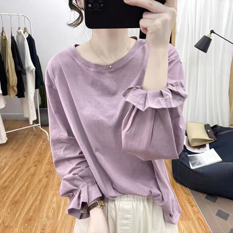 Pure Cotton T-Shirt for Women, Spring and Summer, Loose Casual, Age-Reducing, Beautiful Long-Sleeve Base Shirt, Lantern Sleeves, Purple Elegant Top