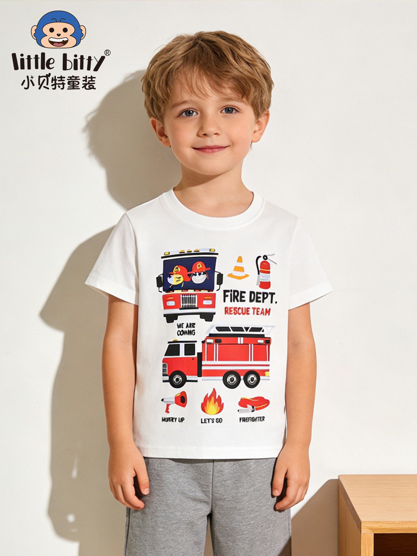 Cross-Border Children's Clothing 2026 Spring/Summer Children's Short-Sleeve T-Shirt with Fire Truck Print, Round Neck, Factory In-Stock Wholesale Clothing