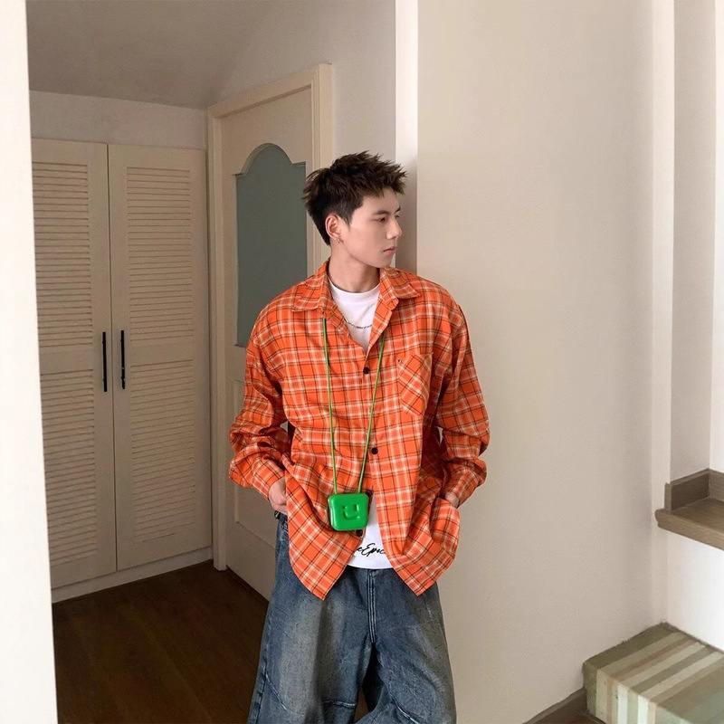 Spring and Autumn American Retro Mid-Length Orange Plaid Shirt Long-Sleeved Shirt for Men and Women Street Lazy Gender-Neutral Jacket