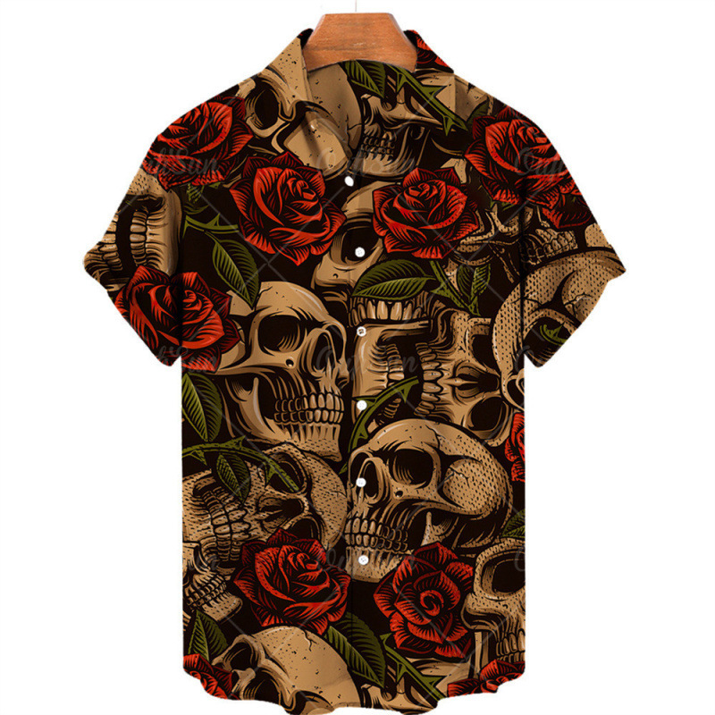 Cross-Border Popular Dark Skull Print Hawaiian Shirt Men's Beach Vacation Style Quick-Drying Breathable Export