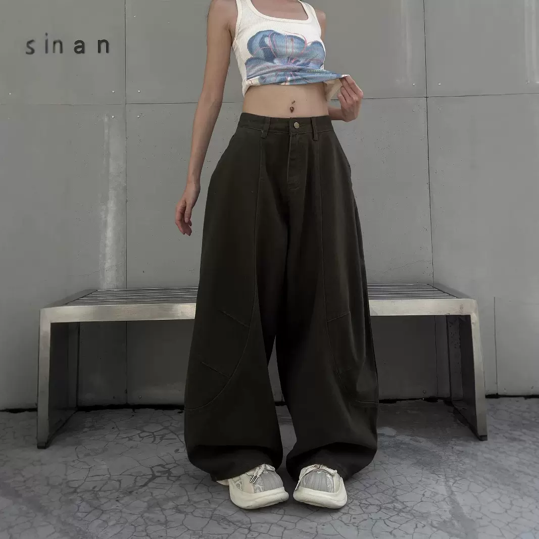 开春美式复古水洗廊形弯刀牛仔裤子女新款辣妹宽松慵懒风拖地裤