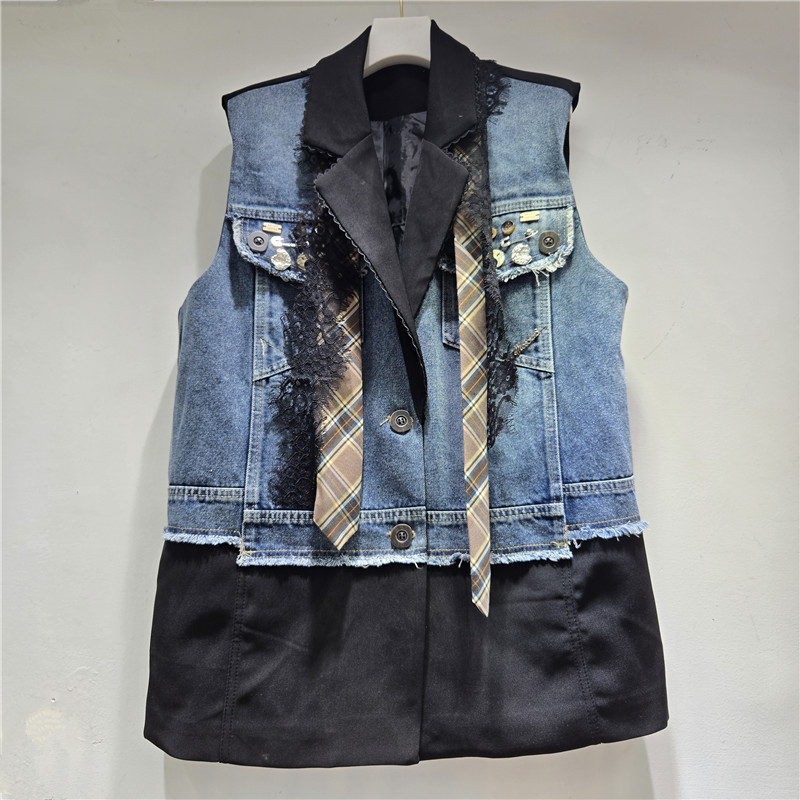 Productos europeos otoño / invierno 2025 nuevo encaje de denim empalmado sensación de decoración tridimensional suelta chaleco chaqueta de mujer image 1