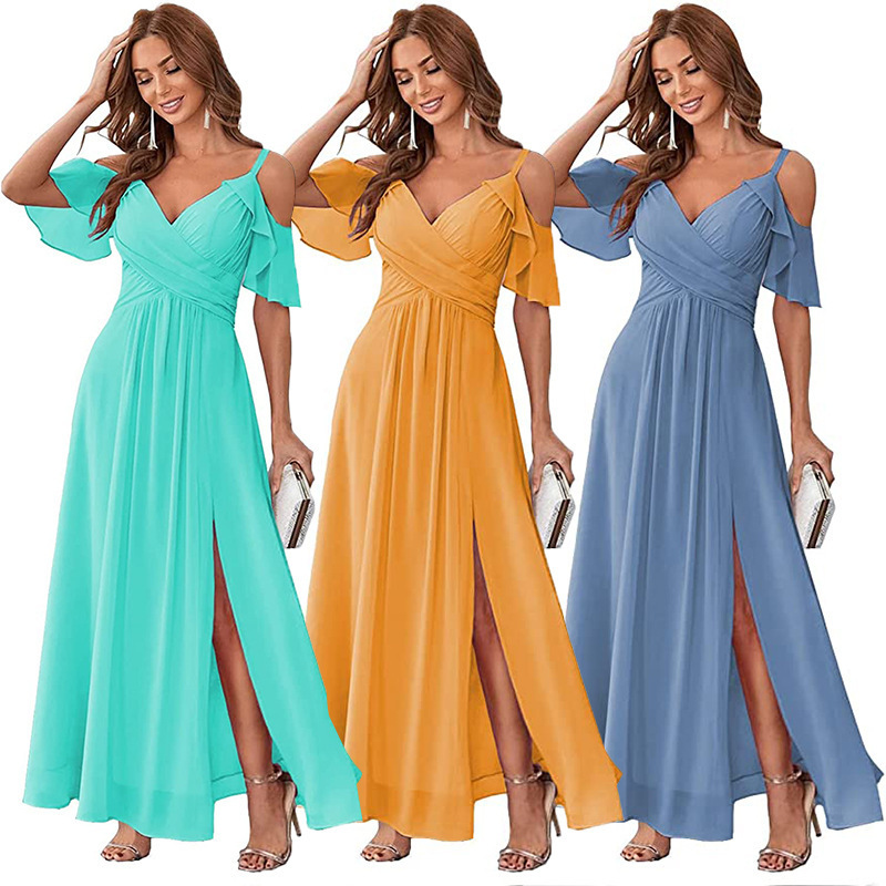 2023 New Winter Cross-Border V Neck Dropped Shoulder Sleeves A-Hem Evening Dress Slit Elastic High-Waisted Prom Long Skirt 2023 New Winter Cross-Border V Neck Dropped Shoulder Sleeves A-Hem Evening Dress Slit Elastic High-Waisted Prom Long Skirt