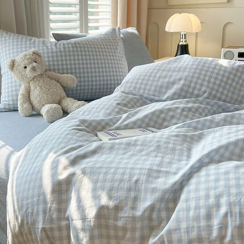 Cross-Border Three-Piece Quilt Cover Set, Warm Blue Small Check Digital Print Bed Sheet, Amazon Foreign Trade Bedding and Home Textiles