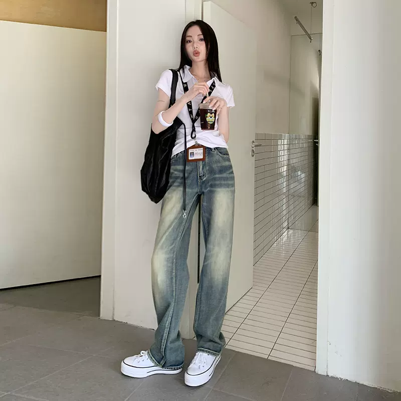 美式复古宝矿力蓝直筒牛仔裤女2024秋季新款高腰显瘦百搭垂感裤子