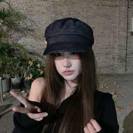 博主同款英伦复古金扣纯色报童帽女2025秋冬季新款八角画家帽子