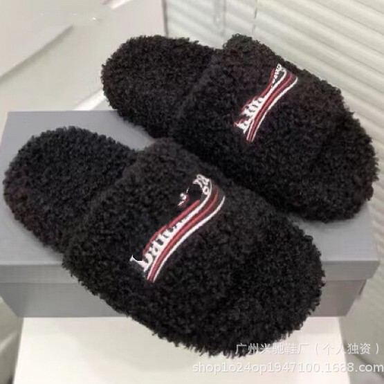 Paris 2025 Autumn and Winter Curly Fur Flat Embroidered Slippers Non-Slip Wear-Resistant Women's Shoes Slippers Warm Casual Outdoor Wear