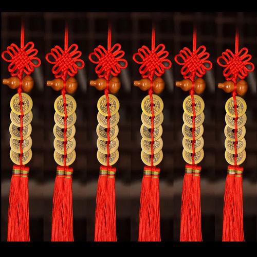 Peach wood Five Emperors' money door-to-door Chinese auspicious knot copper gourd pendant pressure threshold copper coin Five Emperors' money ancient coin