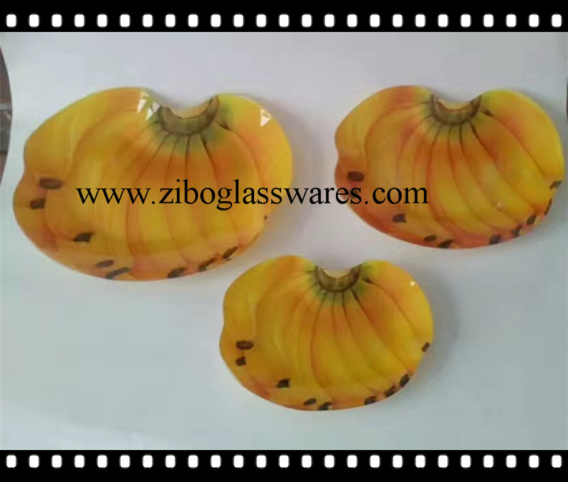 香蕉水果形状热弯烤花玻璃盘三件套