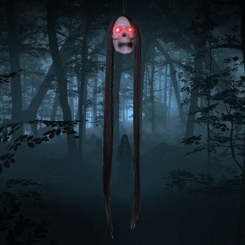 Cross-border Halloween new product long hair ghost glowing ghost head scary hanging ghost haunted house escape room scene decoration props