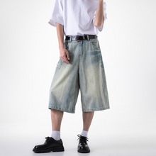 美式铆钉七分牛仔裤男夏季宽松阔腿休闲直筒裤短裤中裤潮牌七分裤