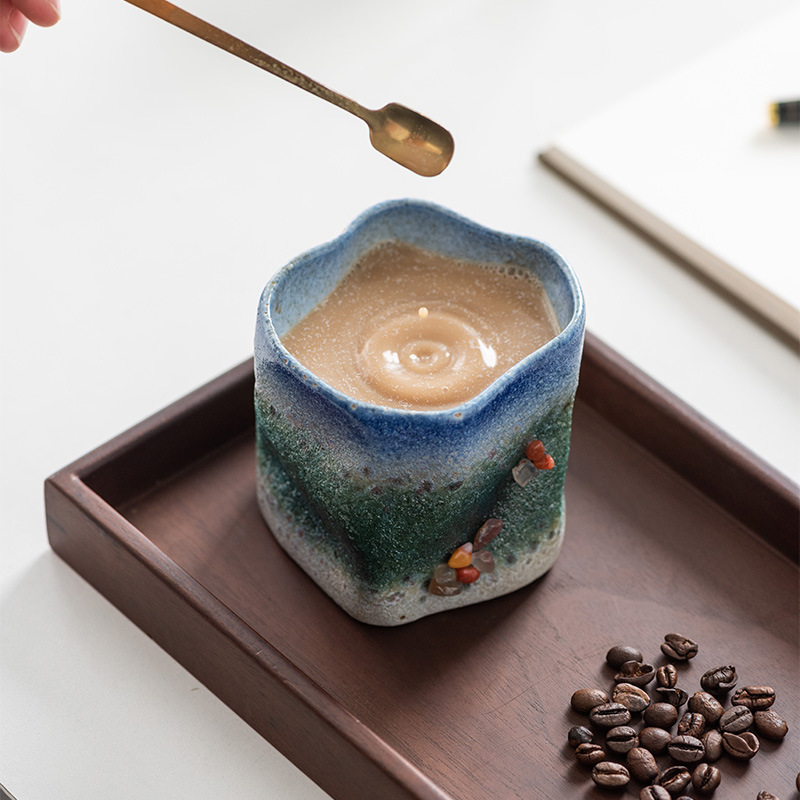 窯変粗陶器ハンドヘルドマグ家庭用レトロセラミックコーヒーカップウォーターカップ和風不規則な個人用ティーカップ|undefined