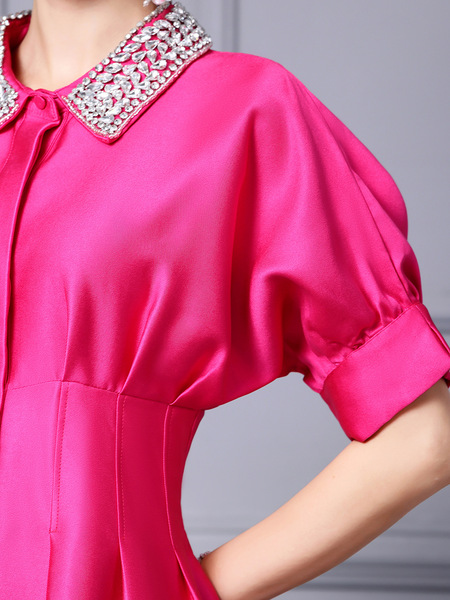 Zhili Dingdiamond Doll Neck Dress Rose Red High end Exquisite Raglan Sleeves A-line Dress Small stature 2024 Summer