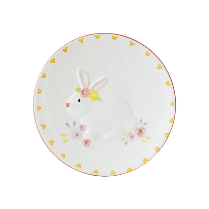 Plato de cerámica de 7 pulgadas estilo coreano de dibujos animados europeos, plato de frutas pequeño y fresco con color bajo esmalte, plato de verduras de porcelana de alta temperatura, plato de exhibición.