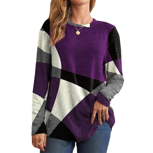 Cross-border Amazon European and American women's clothing 2024 autumn new fashion geometric pattern contrast color long-sleeved T-shirt women's clothing