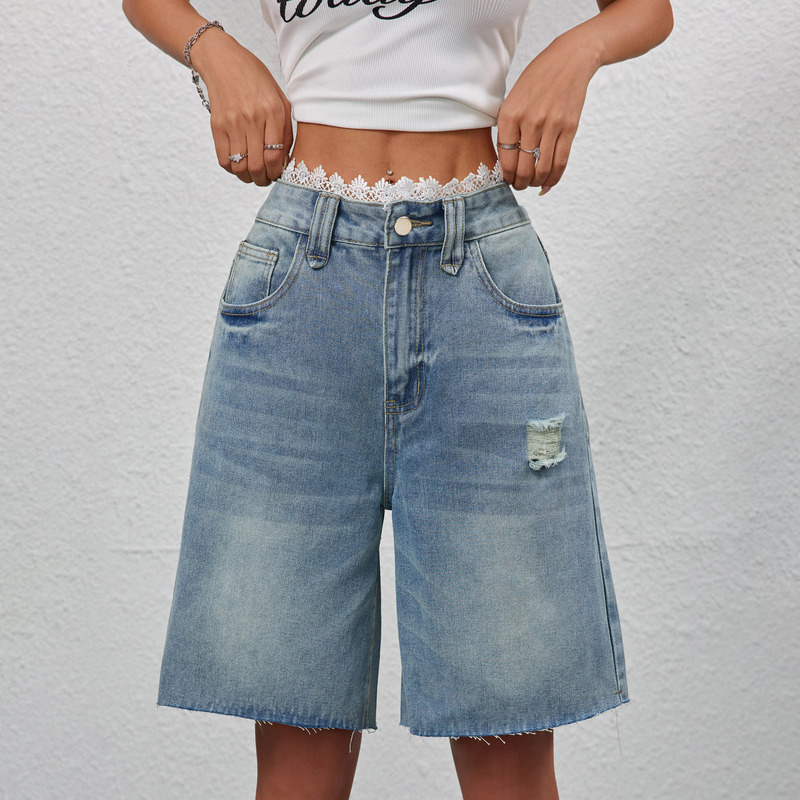 Cross-Border Foreign Trade Amazon European and American French Lace Splicing Denim Shorts Women's Ripped Loose Straight Quarter Pants